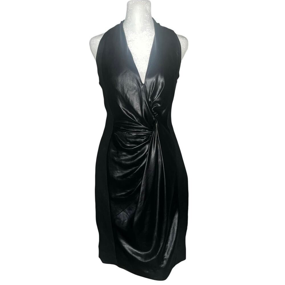 NWT Karen Millen US 8 Black Leather-Look Twist Front Midi Dress